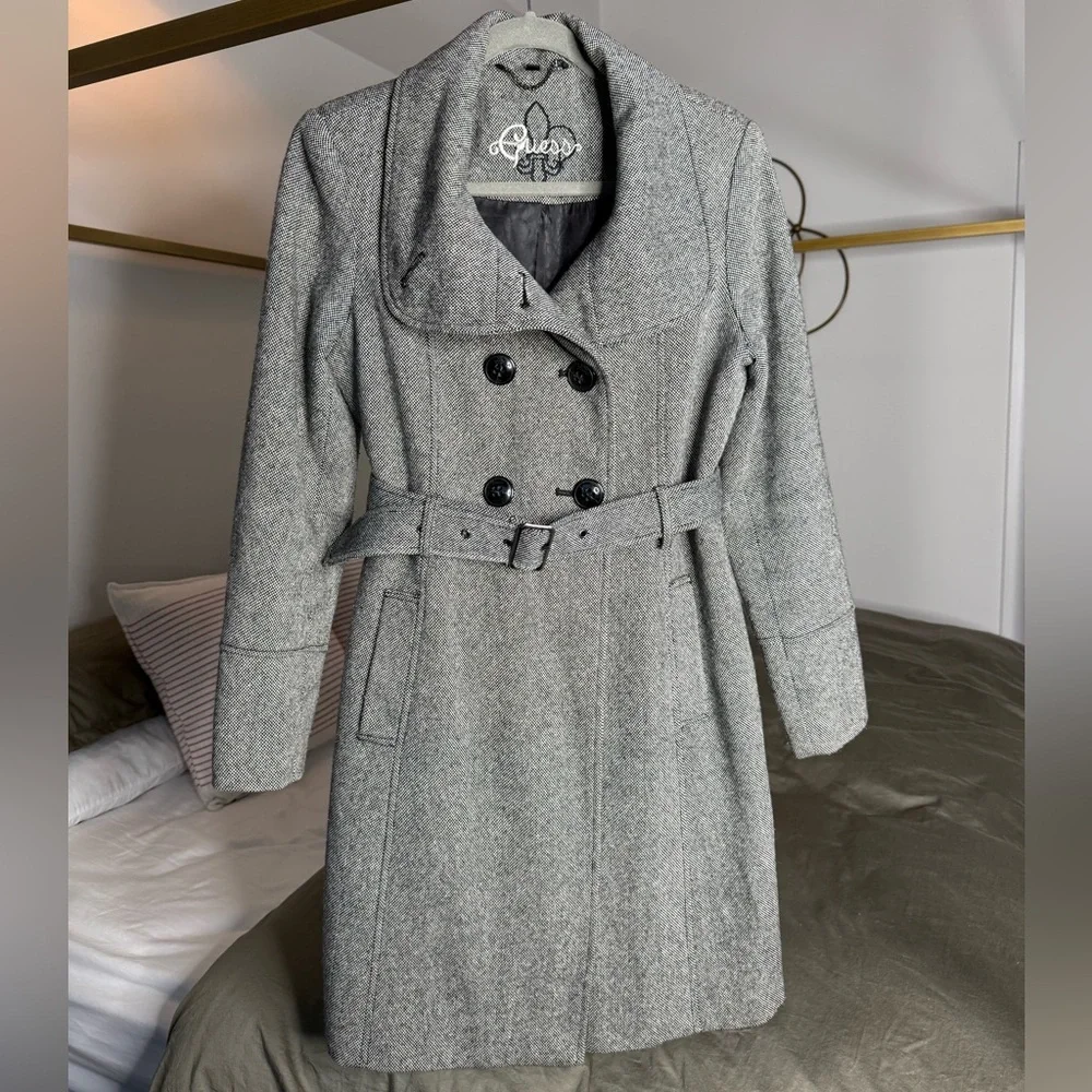 GUESS Tweed Pea Coat Womens M Gray Black Double Breasted Jacket Y2K Academia 00s - Picture 1 of 5